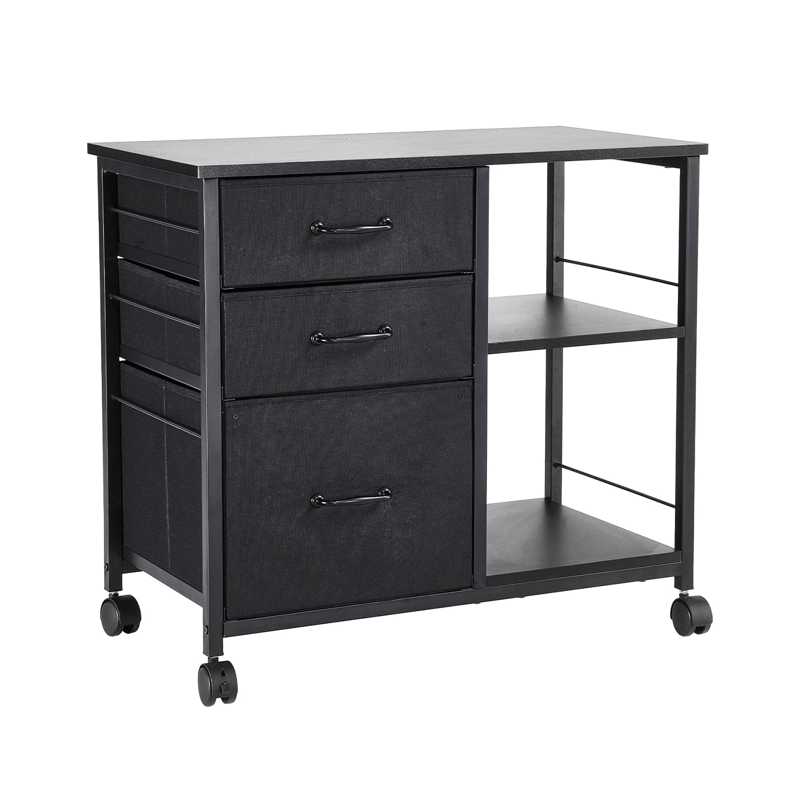 Mobile Metal File Cabinet With 3 Fabric Drawers And 2 Open Shelves Black_voghion.com